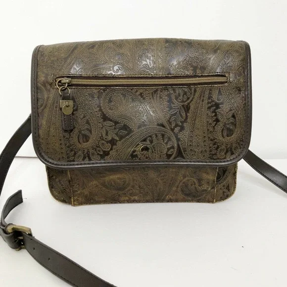 Vintage Relic Brown Paisley Tooled Faux Leather Flap Front Crossbody Satchel Bag - Picture 1 of 12